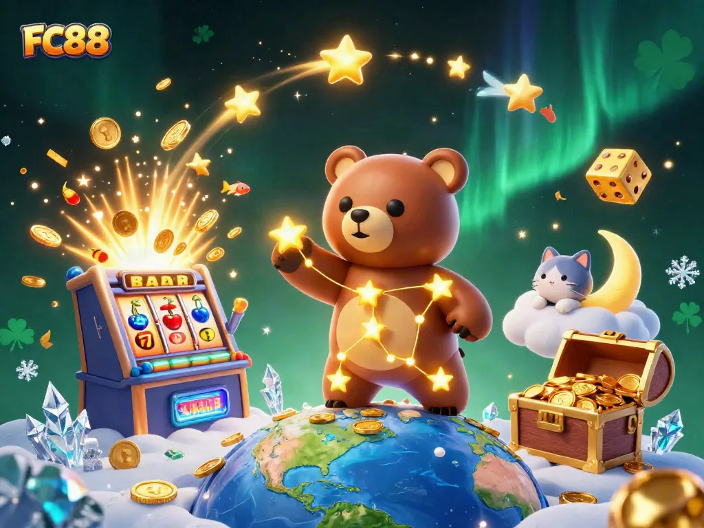 FC88 players enjoy dynamic gameplay around a cosmic bear mascot with slot machines, jackpot symbols, and a festive atmosphere.