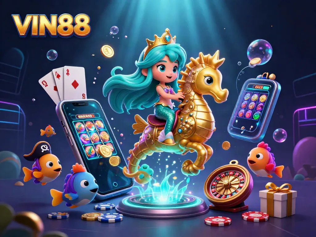 Experience the thrill of winning at VIN88 with vibrant casino elements and an enchanted underwater scene.