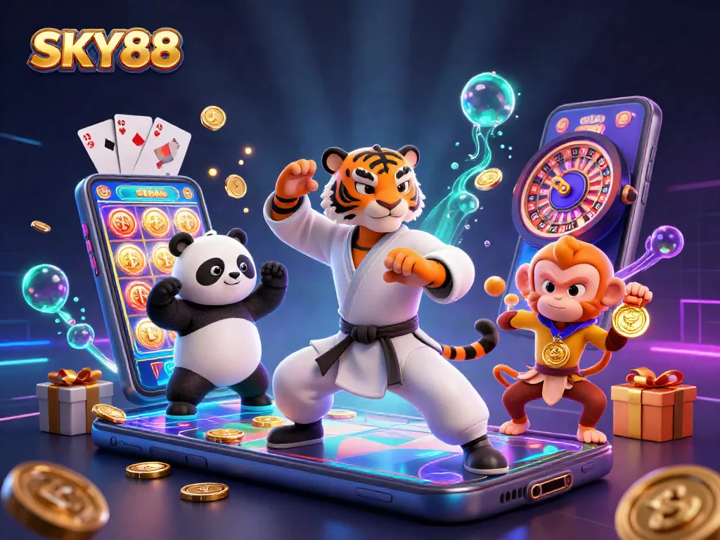 SKY88 showcases an exciting casino experience with characters amid animated gambling elements, enhancing player interaction.