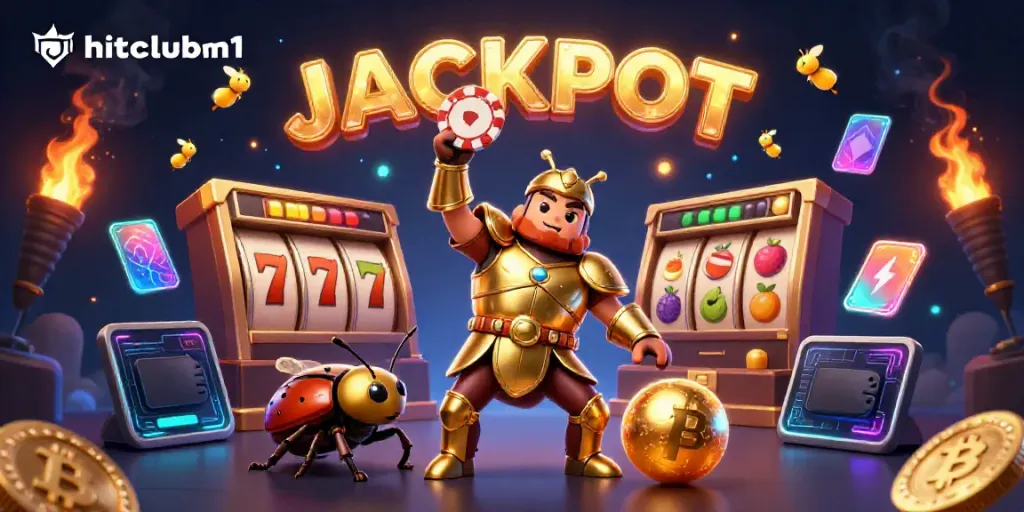 Hitclubvn1 celebrates victory with a heroic beetle lifting a poker chip amid vibrant casino symbols