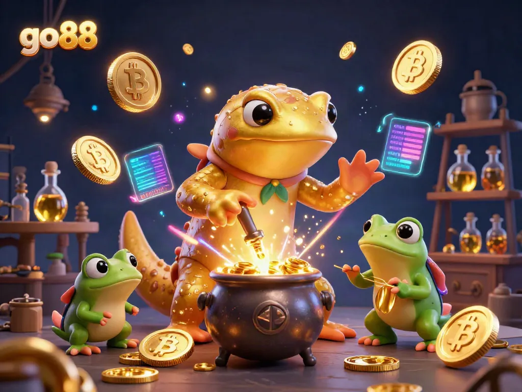 Experience the excitement of go 88 with alchemist characters transforming metals into gold amid vibrant digital currency elements.