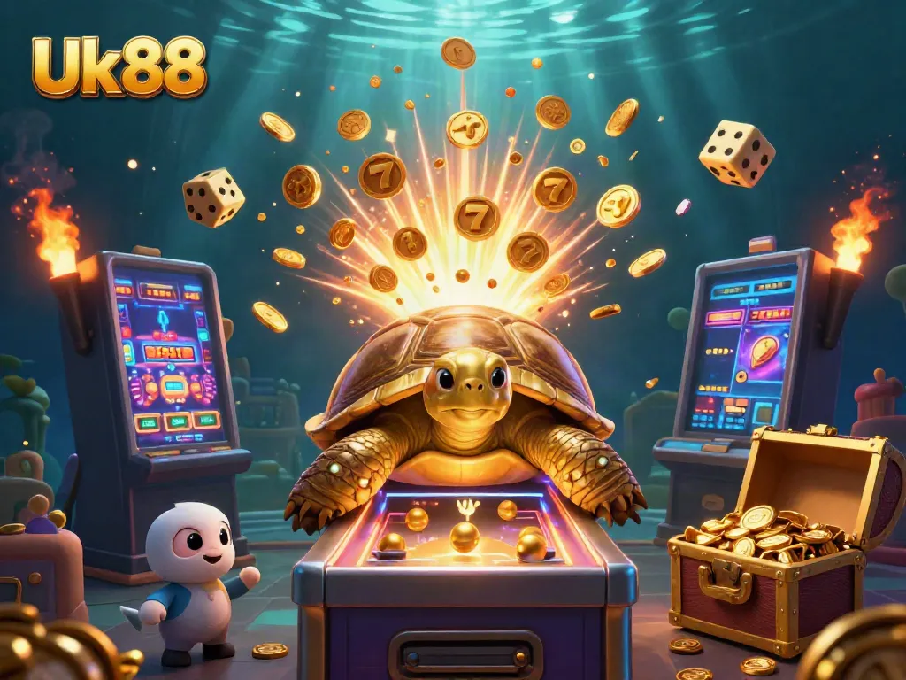 Experience the excitement of Uk 88 with a colossal gaming tortoise, vibrant slot machine, and golden treasures.