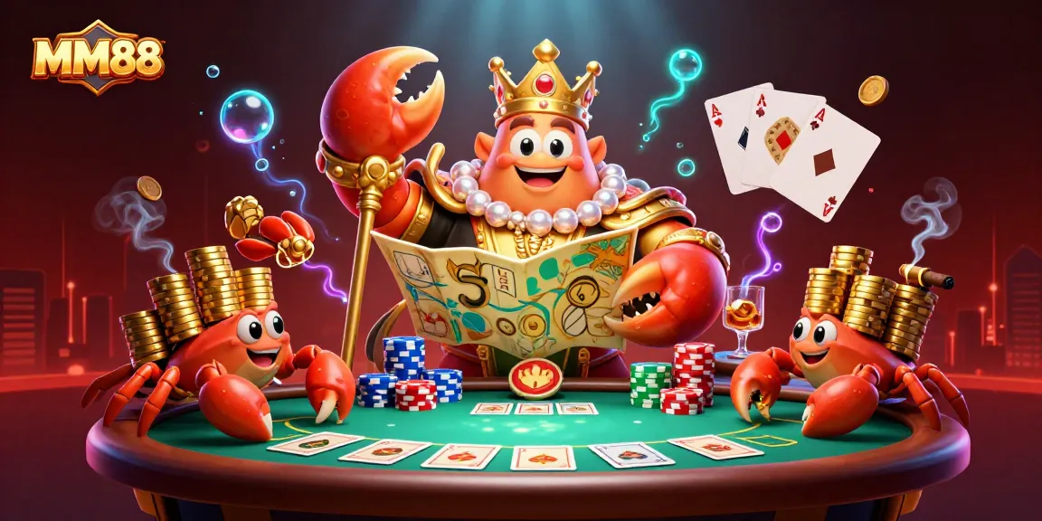 Join the MM88 adventure with a golden crab emperor amid vibrant casino treasures.