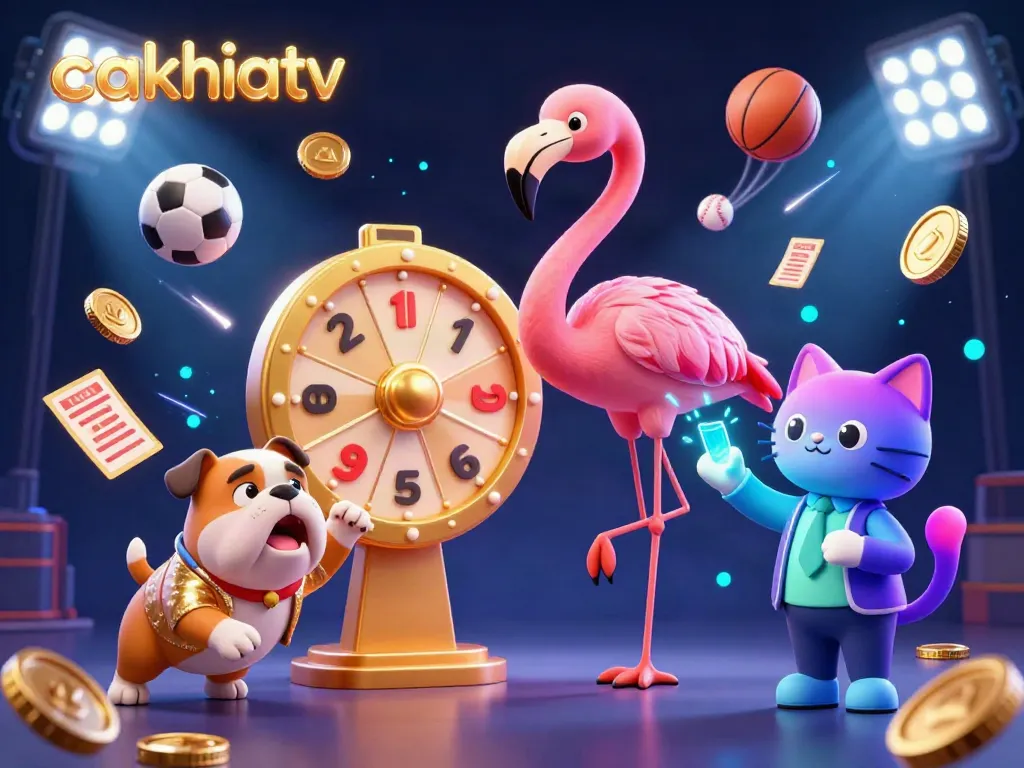 Experience the excitement of cakhiatv with a dynamic game show scene featuring vibrant 3D characters and sports elements.
