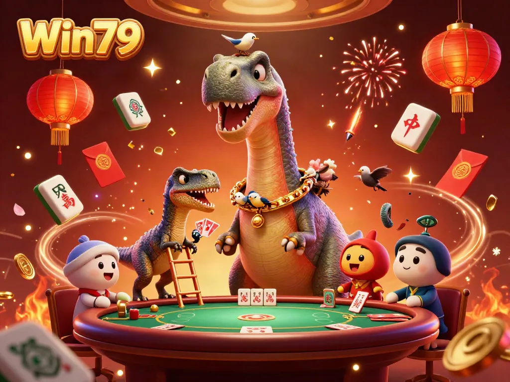 Experience the excitement of Win79 with a dinosaur-themed casino card game scene full of action and vibrant colors.