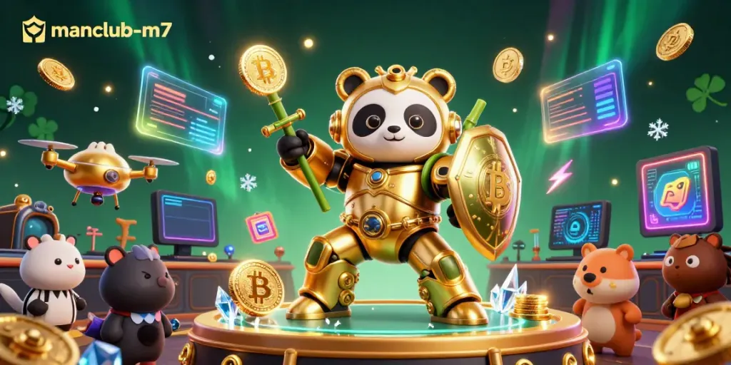 Experience manclub-m7 in a vibrant casino scene with a mech-suit panda and crypto coins