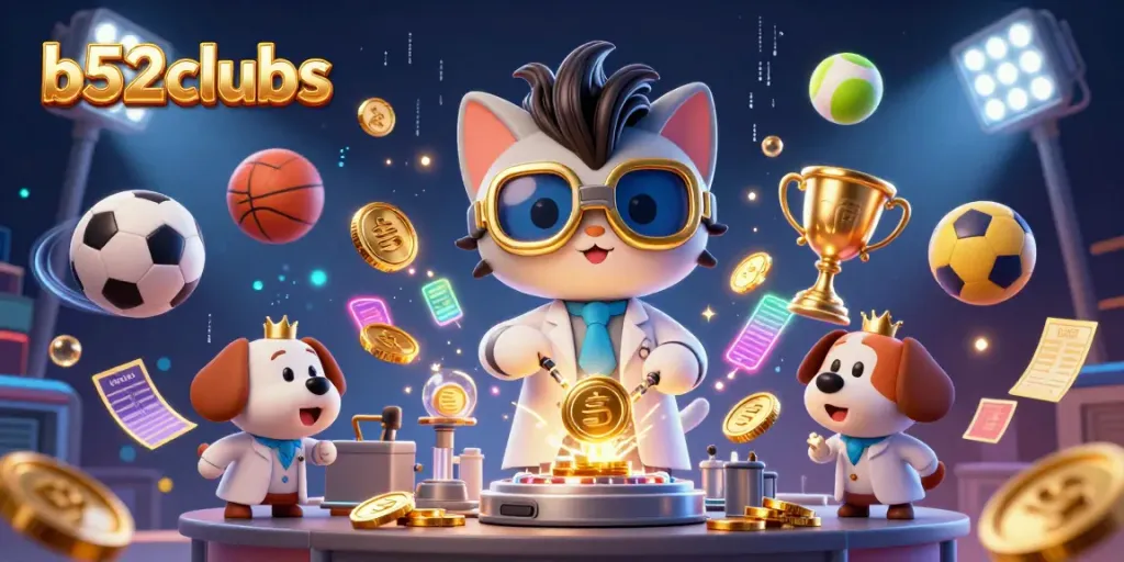 B52clubs' thrilling scene filled with a mad scientist cat and assistant in a richly animated casino environment.