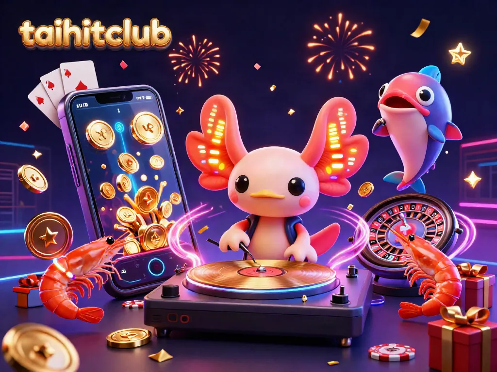 Engage with the vibrant scene of taihitclub, featuring a neon axolotl DJ and dynamic game elements.
