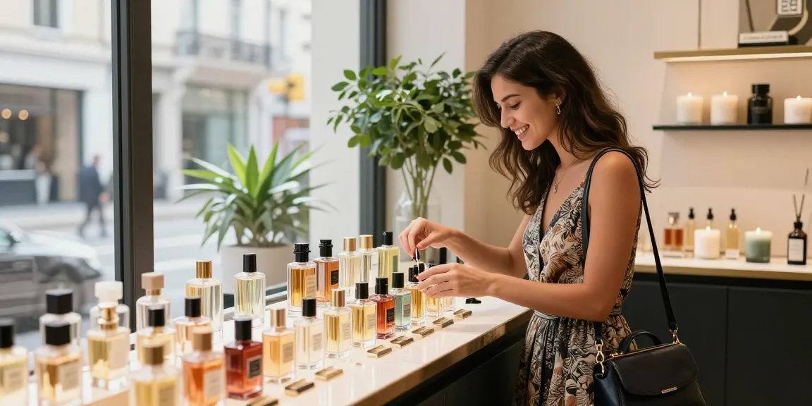 Youthful woman discovering her perfect fragrance in a boutique, exploring the Signature Scent Guide.