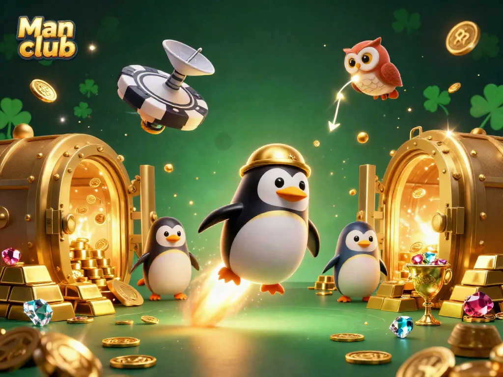 Experience excitement at Man club with a golden penguin launching into a vibrant casino universe surrounded by treasures.