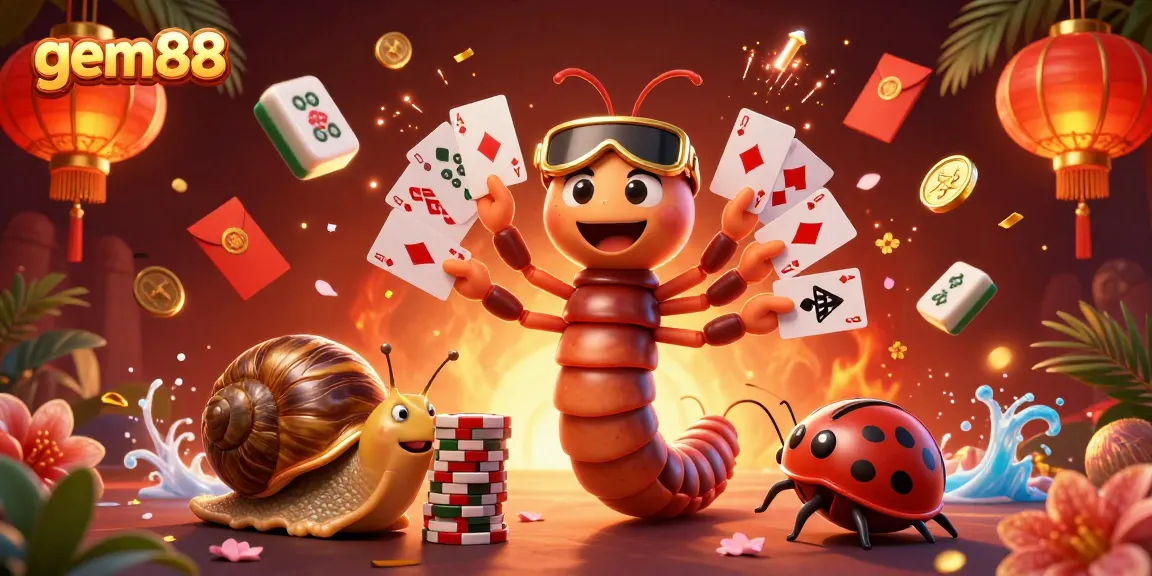 Spin to win with gem88 by a whimsical millipede dealer at a vibrant casino table.