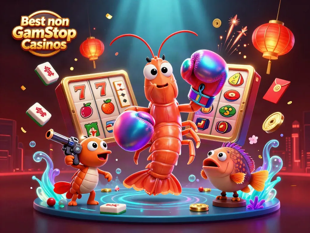 Engage in thrilling action with the Best non Gamstop Casinos illustrated by vibrant characters and casino elements.