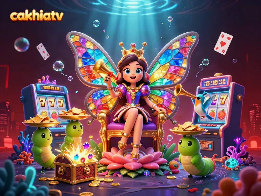 Cakhiatv illustrates a vibrant casino scene with a butterfly queen and slot machines.