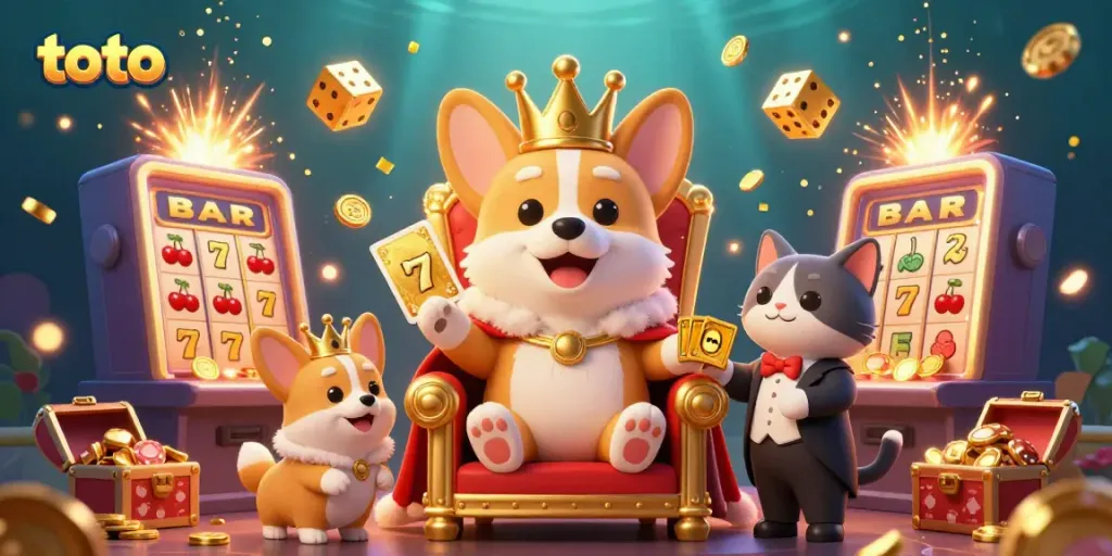 Engage with the vibrant world of toto featuring a royal corgi on a poker chip throne amidst a dynamic casino scene.