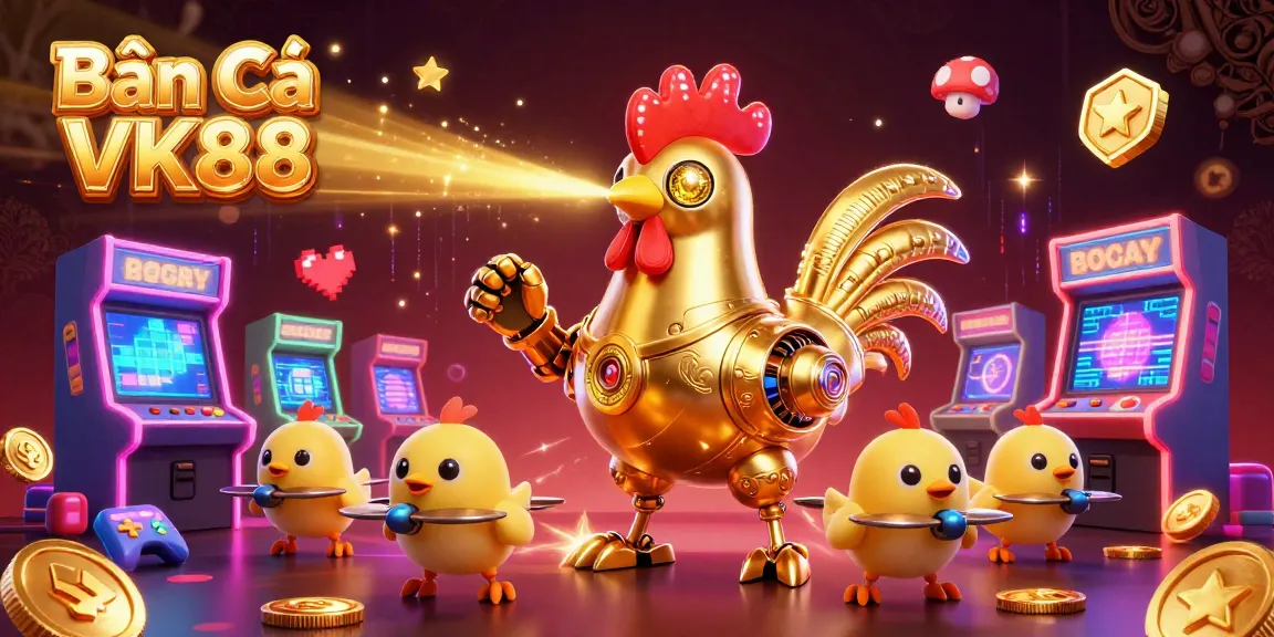 Bắn Cá VK88 unleashes excitement as a golden rooster robot and chick drones create a vibrant underwater scene.