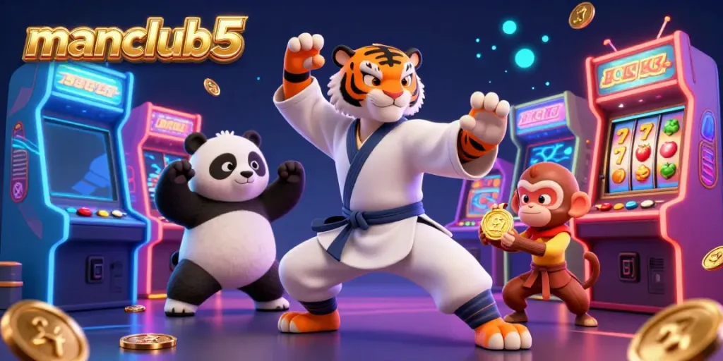 Experience the excitement of manclub5 with a playful kung fu tiger, panda, and monkey in a vibrant casino setting.