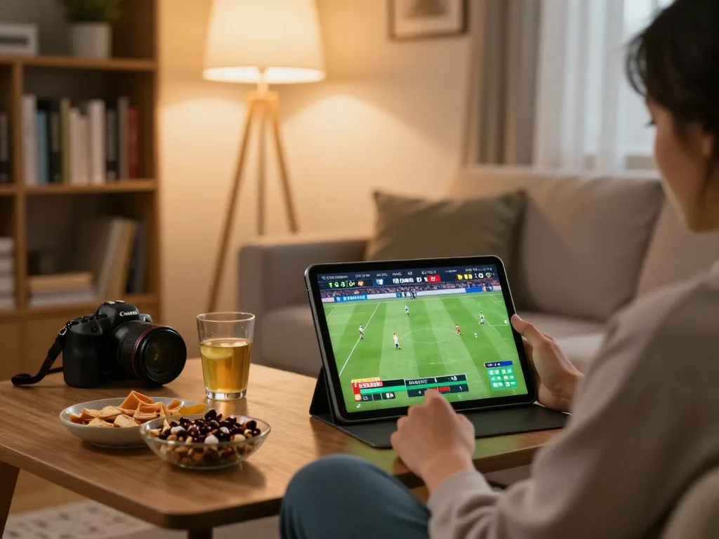 Xem trực tiếp bóng đá on a tablet in a cozy living room, showcasing an engaging online football streaming experience.