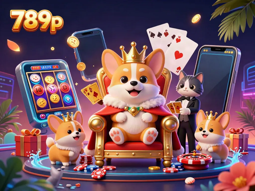 789p promotional illustration showcasing a royal corgi on poker chips with a colorful slot game background.