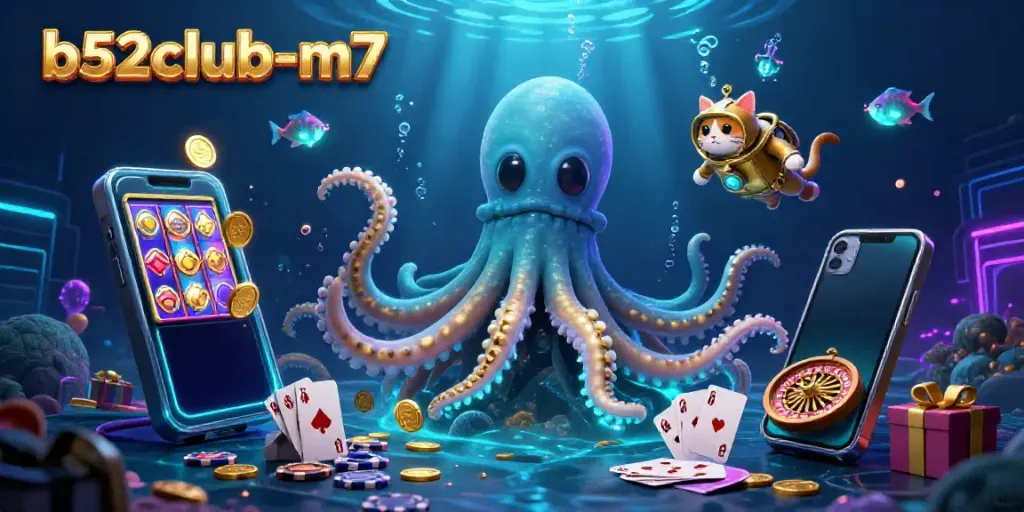 Spin colorful slot games and join the excitement with b52club-m7, featuring the kraken and diving cat.
