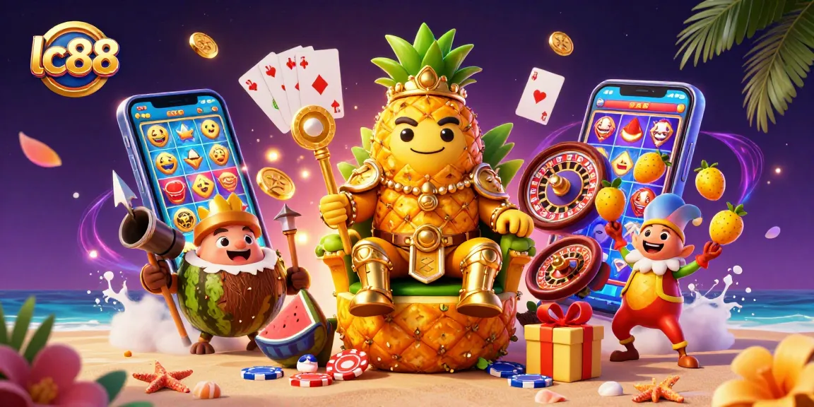 Experience the vibrant casino action at lc88 with a lively 3D colorful illustration depicting a golden pineapple king amidst thrilling gaming elements.