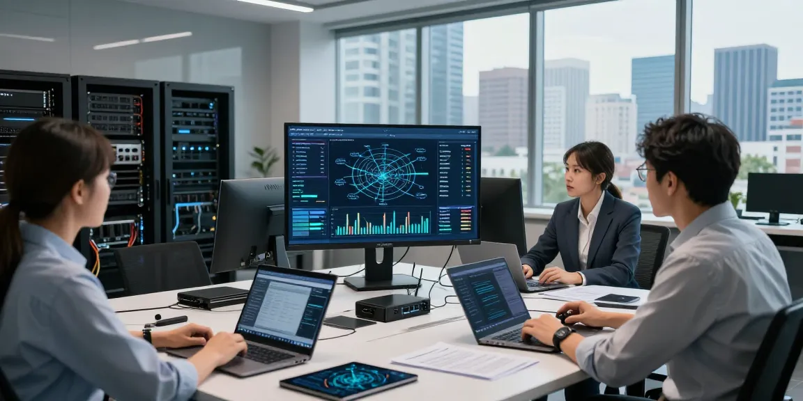 IT specialists discussing server performance metrics for rokok88 in a modern workspace.