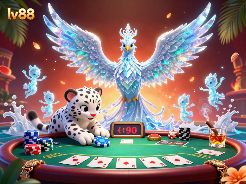 Experience the enchanting lv88 casino scene with an ice phoenix and colorful poker elements.
