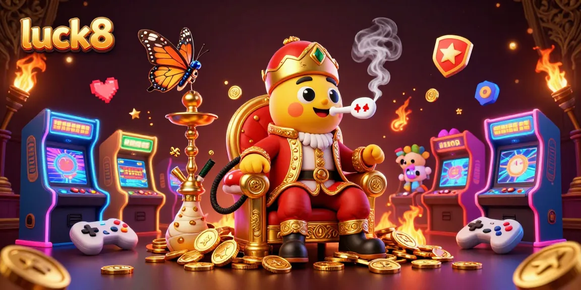 Engage with luck8's vibrant online casino world through 3D gaming elements and a mystical caterpillar character.