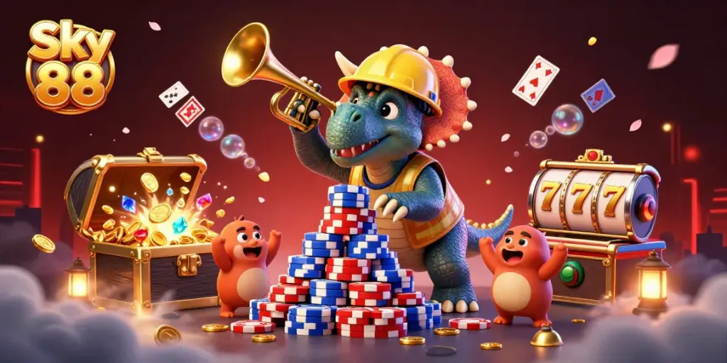 Engage with Sky 88 through a vibrant 3D scene showcasing a triceratops and parasaurolophus celebrating amidst casino elements.