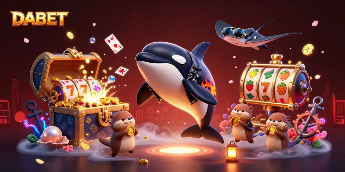 DABET's interactive casino vibes come alive with a playful orca, cool stingray, and otters holding golden coins.