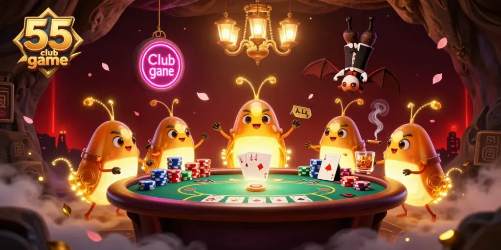 Experience thrilling gameplay in the captivating 55 club game casino scene, featuring unique glowworm characters.