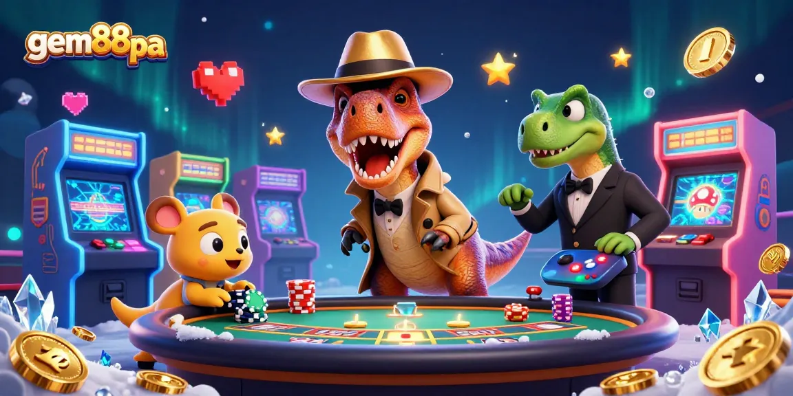 Experience the thrill of gem88pa with a thrilling velociraptor at the blackjack table, amidst captivating casino elements.