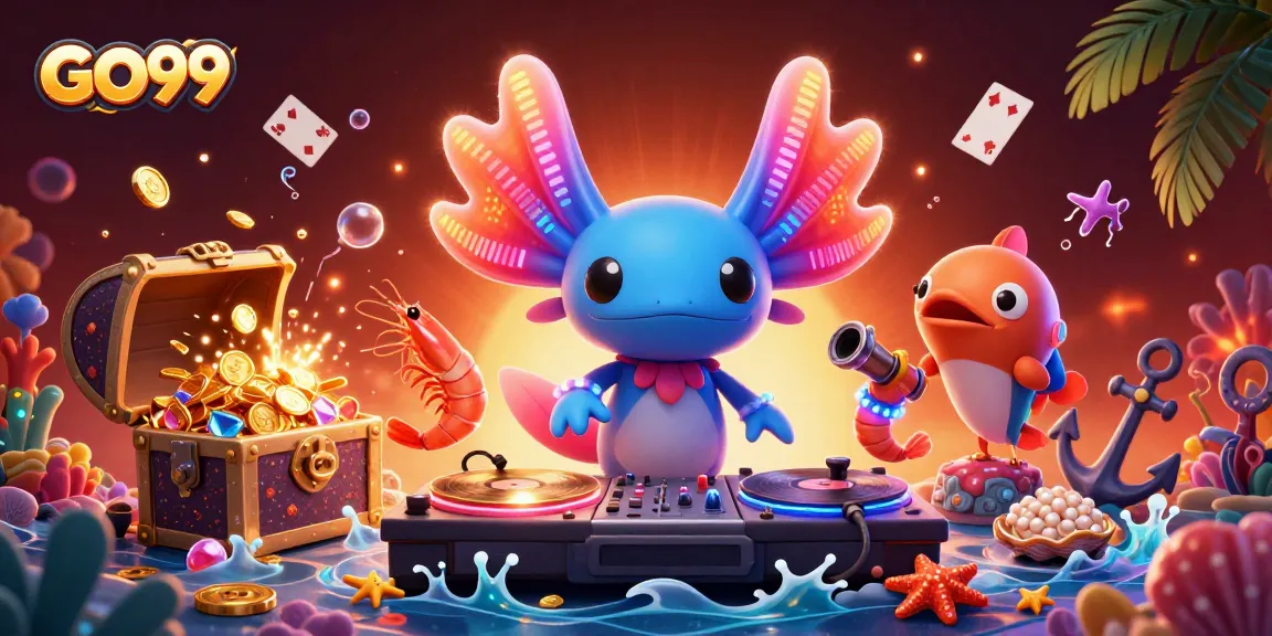 Experience thrilling gaming action with GO99's vibrant underwater casino illustration, showcasing dynamic characters.