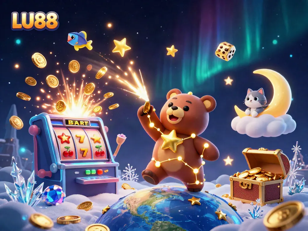 LU88 presents an engaging casino experience with vibrant illustrations of jackpots, games, and dynamic characters.