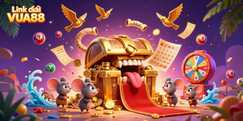 Engage with exhilarating games at Link vào VUA88, featuring vibrant lottery balls and a dynamic treasure scene.