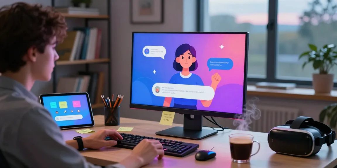 User interacting with NSFW AI chat platform in a modern home office setting, showcasing technology and creativity.