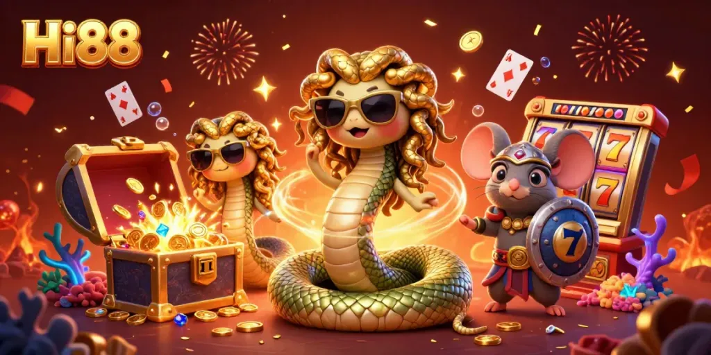 Spin to win at Hi88 with Medusa and a mouse warrior in this vibrant casino scene.