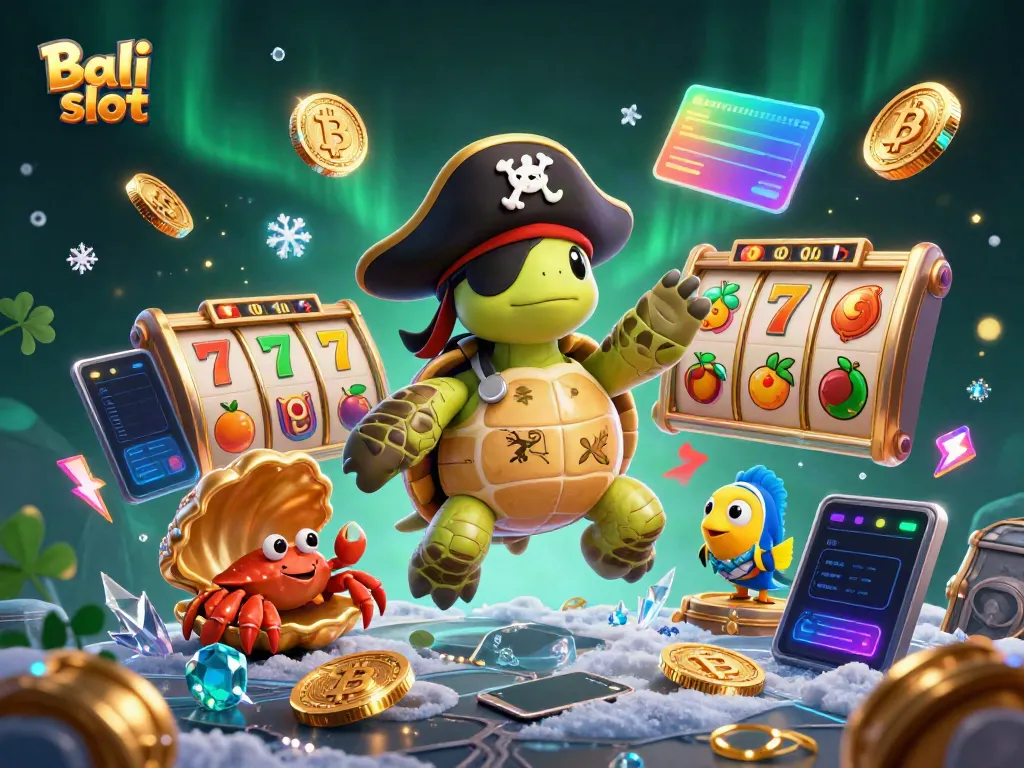 Engage with Bali slot in a vibrant underwater scene featuring a pirate turtle, crab, and fish among golden coins and jackpot symbols.