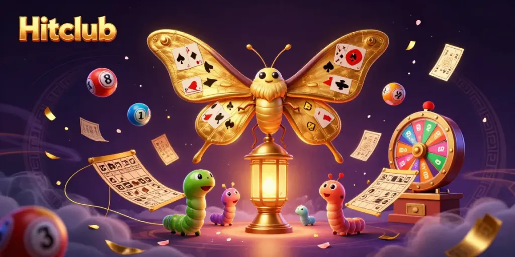Hitclub showcases engaging gaming elements with a vibrant moth symbolizing luck and fortune.