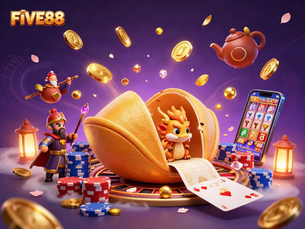 Join the excitement at FIVE88, where a giant fortune cookie reveals treasures of a vibrant casino.