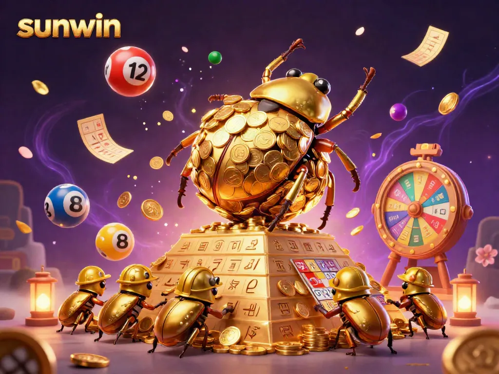 Sunwin brings excitement as a golden dung beetle rolls coins in a vibrant casino atmosphere.
