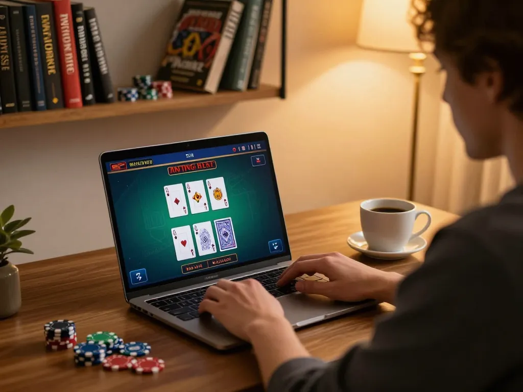 Engaging in lc88 online blackjack from home, showcasing strategy and comfortable setup.