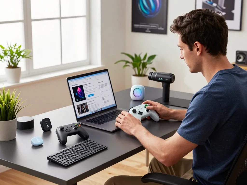 Exploring the best tech gadgets for men including Bluetooth controllers and smart devices in a modern office.