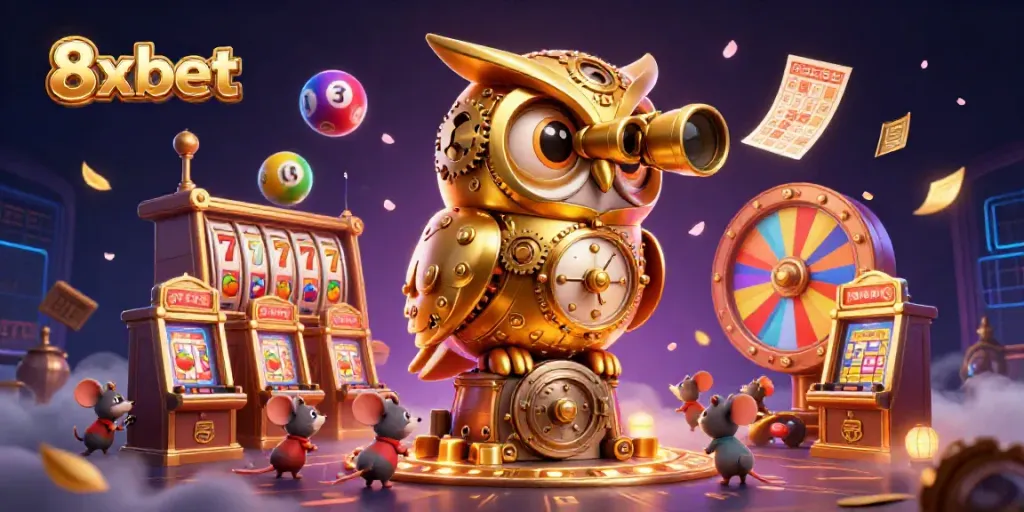 Engage with exciting gameplay at 8xbet as a golden owl oversees thrilling casino elements.