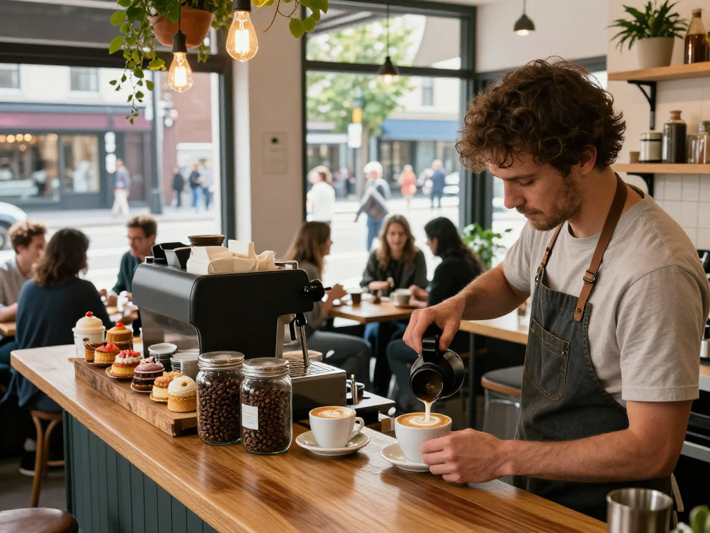 Barista crafting exquisite coffee at a café showcasing 18+ ai ambiance and community vibe.