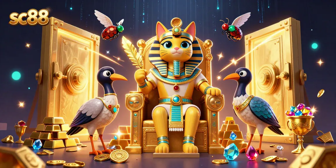 Engage with thrilling sc88 gameplay featuring a 3D pharaoh cat amidst treasures and casino elements.