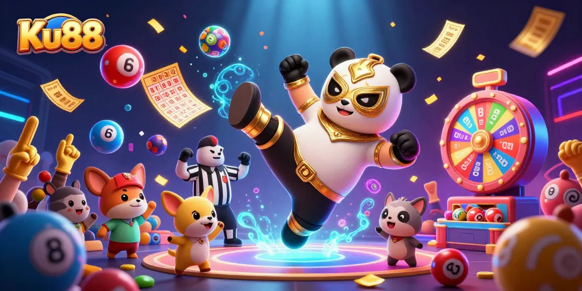 Watch the exciting Ku88 casino action with a wrestling panda and lively lottery elements!