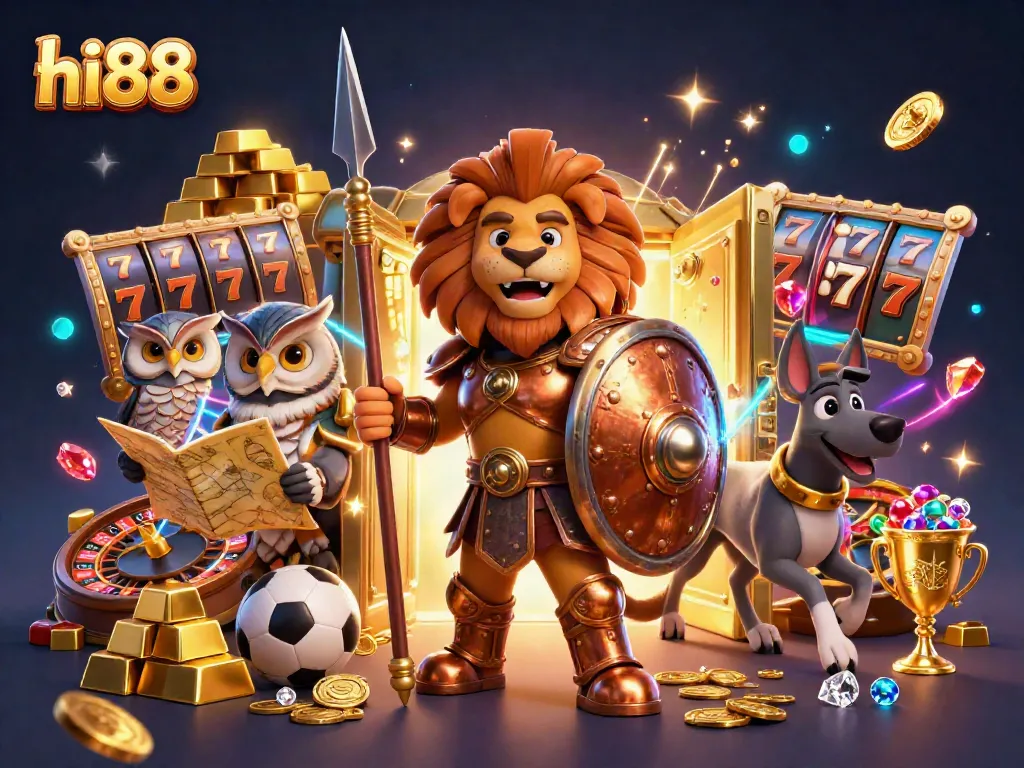 Engage with hi88's vibrant casino scene featuring thrilling slot reels, gold treasures, and dynamic characters.