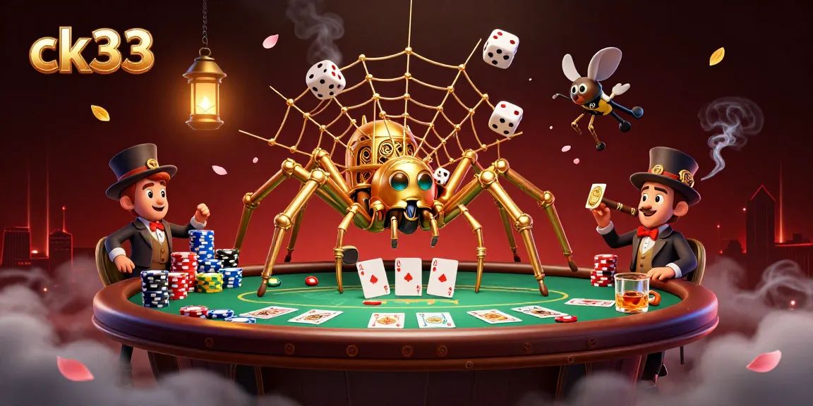 Engage in thrilling gameplay with ck33, featuring a steampunk spider amidst an intricate web of poker elements.