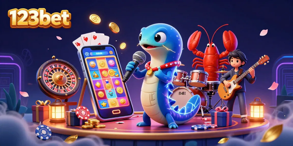 123bet showcases an electric eel DJ in an underwater casino scene with vibrant gambling elements.