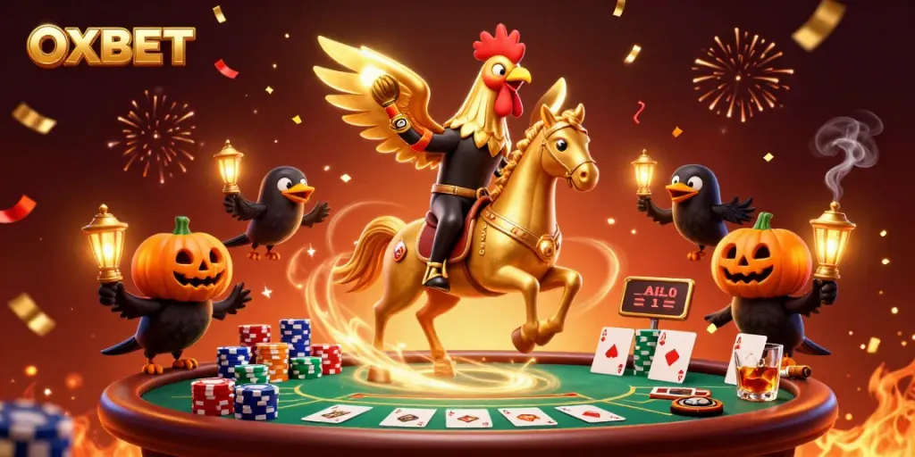 Experience the excitement of OXBET with vivid casino action featuring a golden rooster and poker elements.